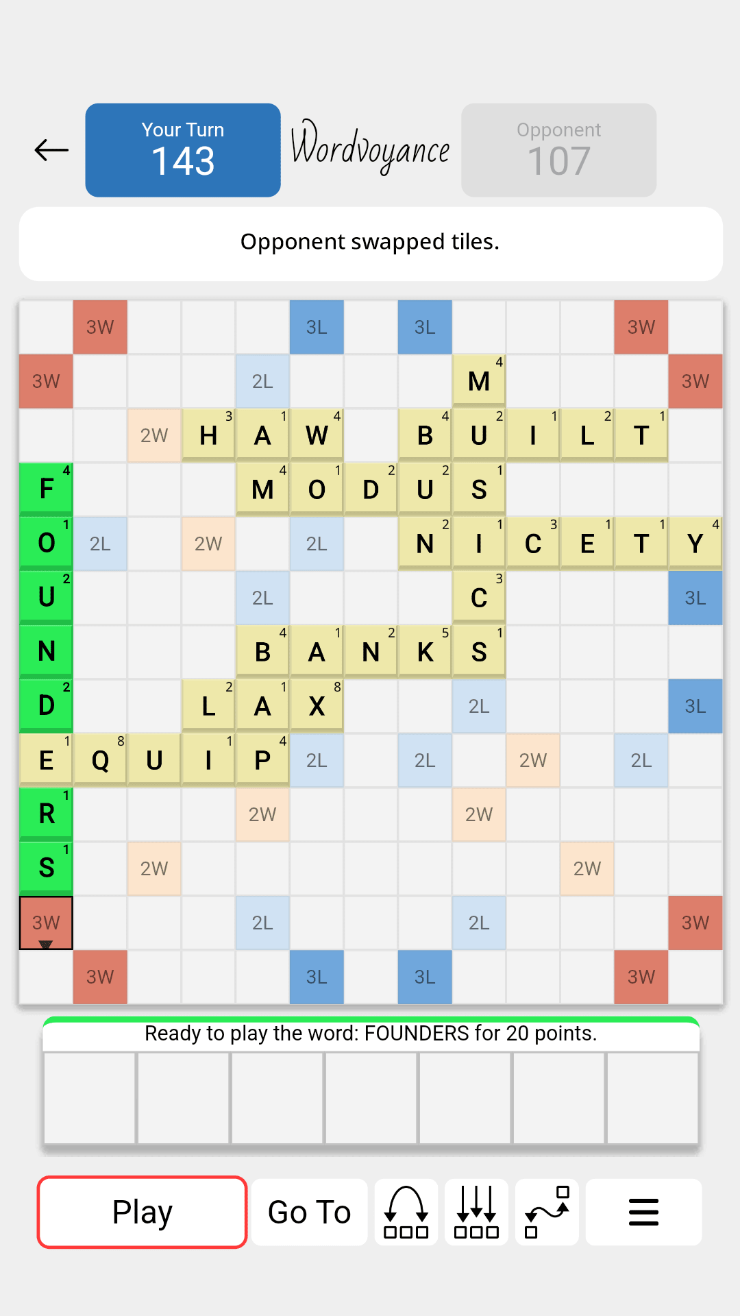 A screenshot of Wordvoyance, in its Light theme, where the player has used rack tiles to spell the word FOUNDERS for 20 points, forming a crossword by intersecting the word EQUIP on the board.